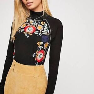 Free People Disco Rose Embroidered Turtleneck Medium black